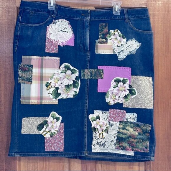 Talbots Denim Skirt Sz 18W Patchwork embellished handsewn Boho style Hippie Gal - Picture 1 of 10